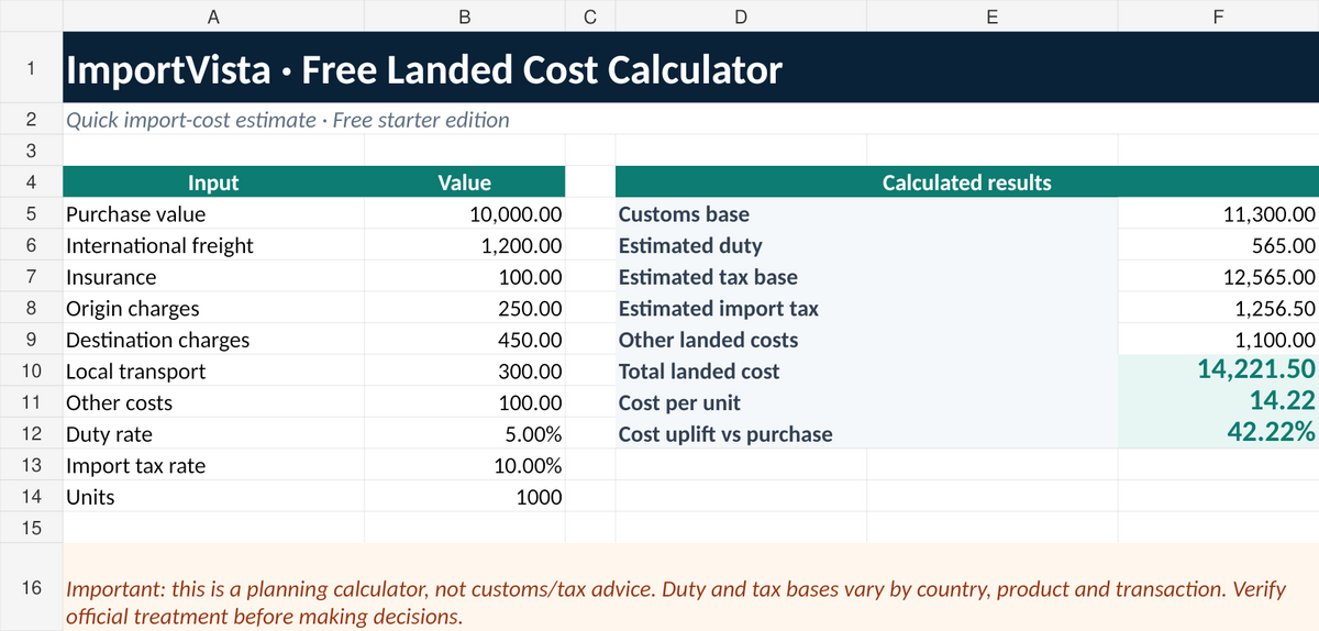 ImportVista free landed cost calculator Excel preview