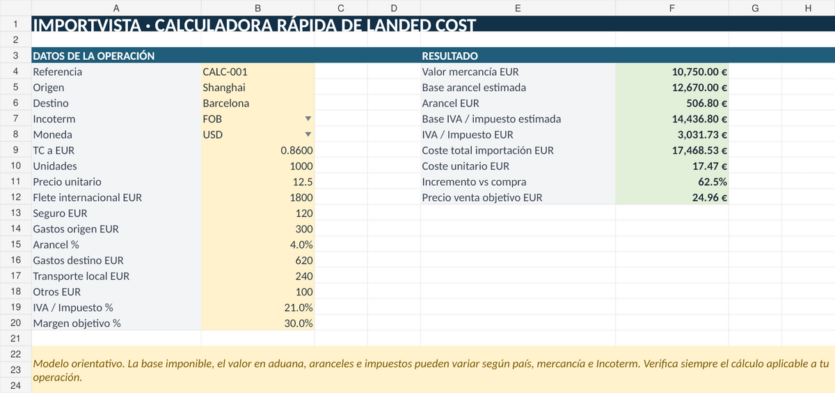 Calculadora rápida de coste total de importación en Excel